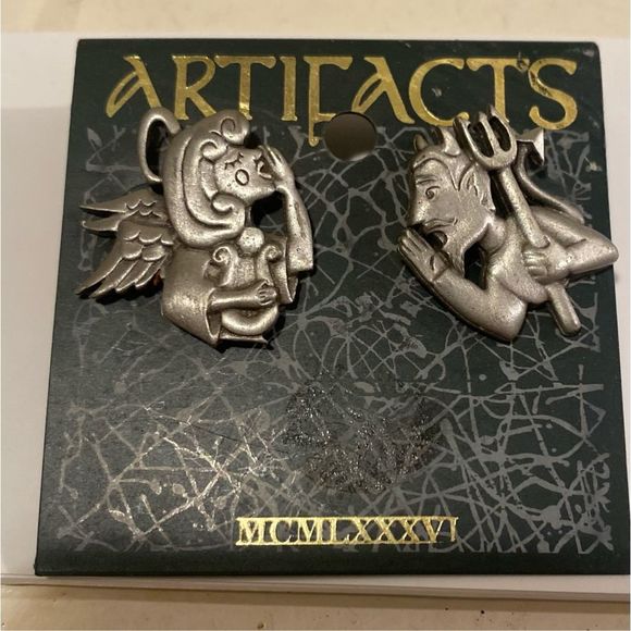 JJ Jonette Artifacts pewter Angel and Devil whispering in ear - Picture 1 of 5